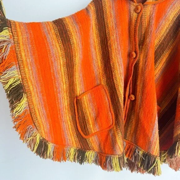 Vintage Wool Bright Orange Brown Striped Poncho w Patch Pockets OS - Picture 3 of 9